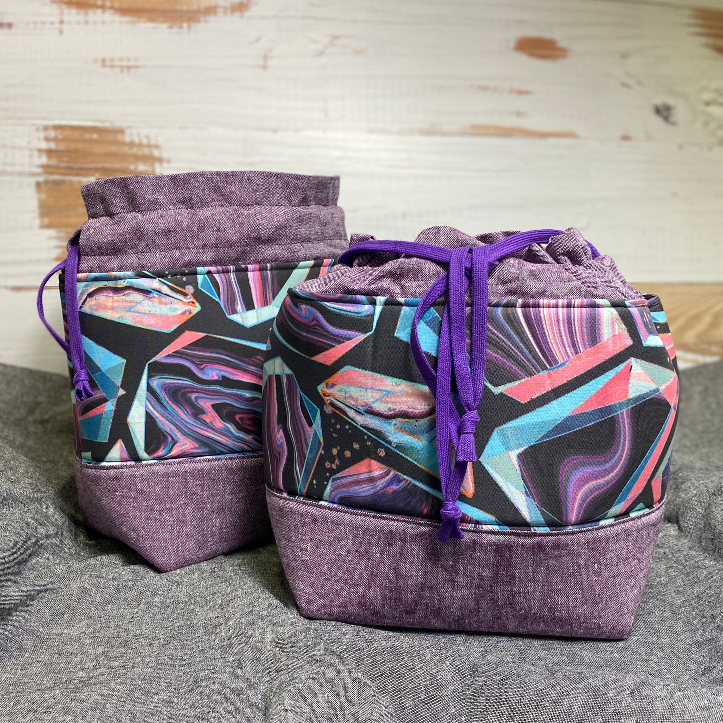 Medium Drawstring Bag- Purple with Geodes